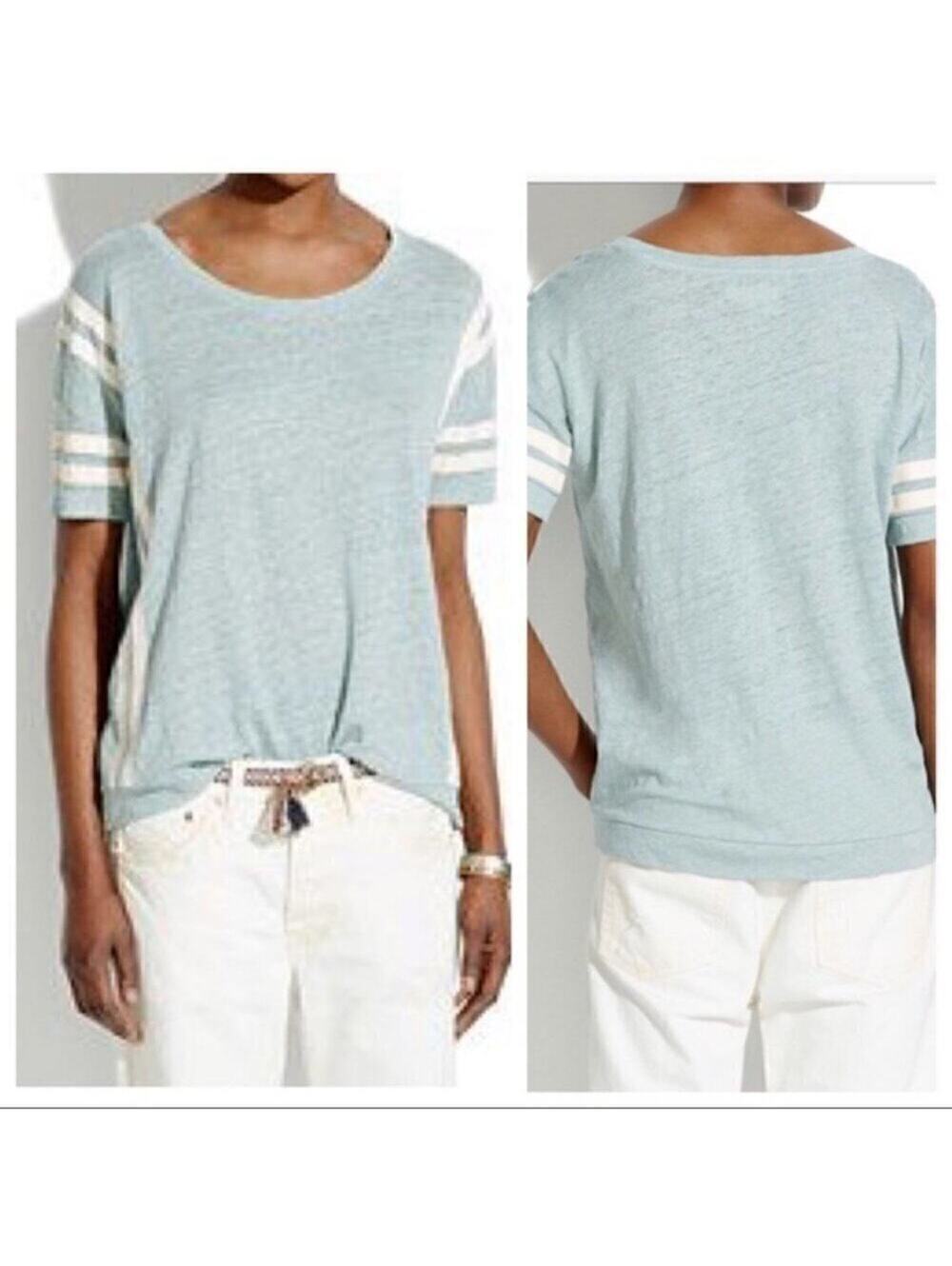 Madewell Varsity Tee in a heather light blue with double white sleeve stripes XS